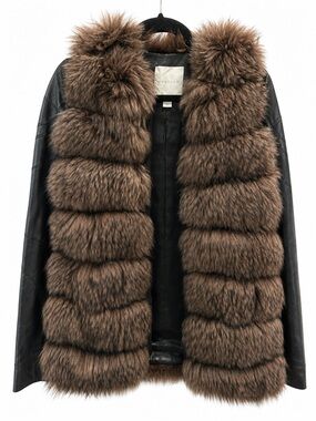 Plush Brown Faux Fur Front Leather-Sleeve Jacket